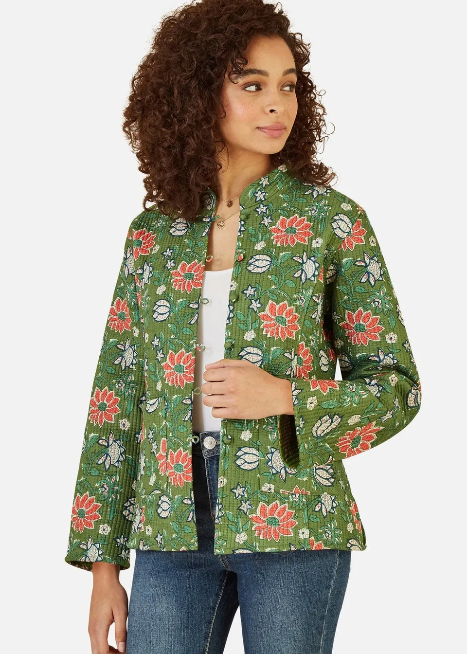 Yumi Green Floral Print Reversible Cotton Cropped Quilted Jacket