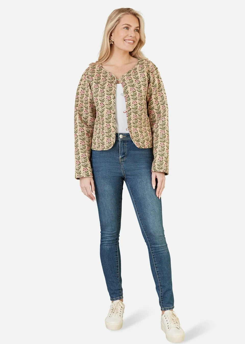 Yumi Stone Floral Print Reversible Cotton Cropped Quilted Jacket