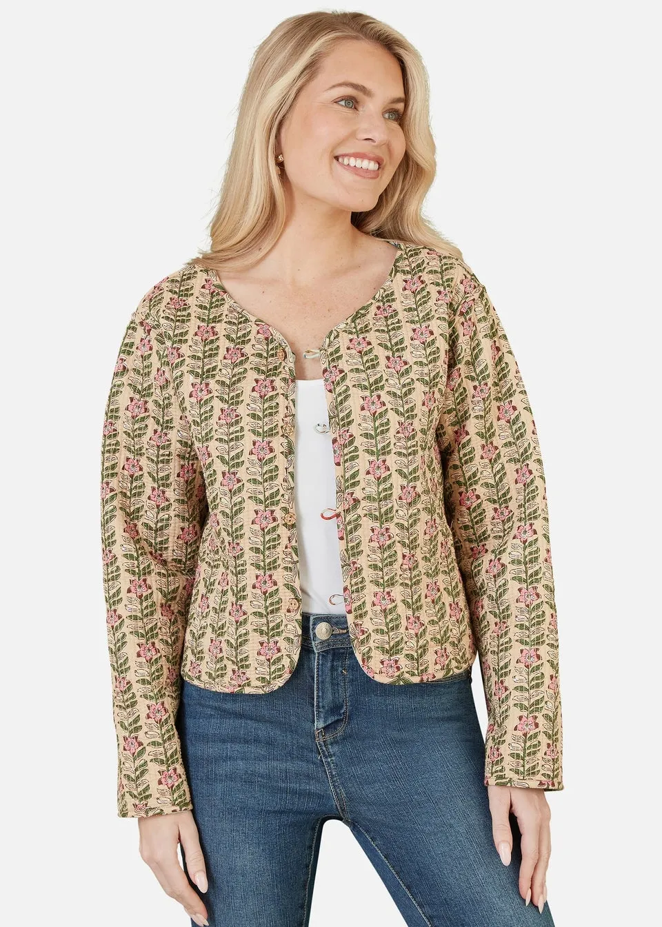 Yumi Stone Floral Print Reversible Cotton Cropped Quilted Jacket